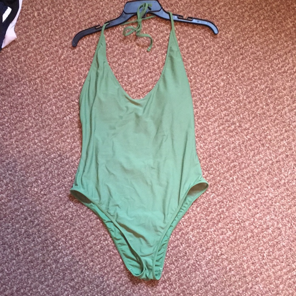 Green Aerie, high-rise, one piece bathing suit.